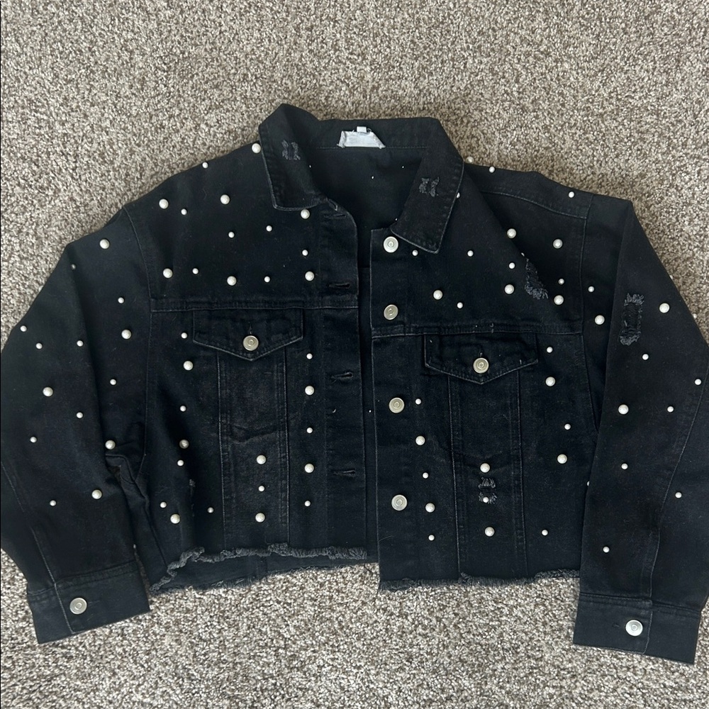 Altar'd State Black Denim Jacket with Pearl Accents